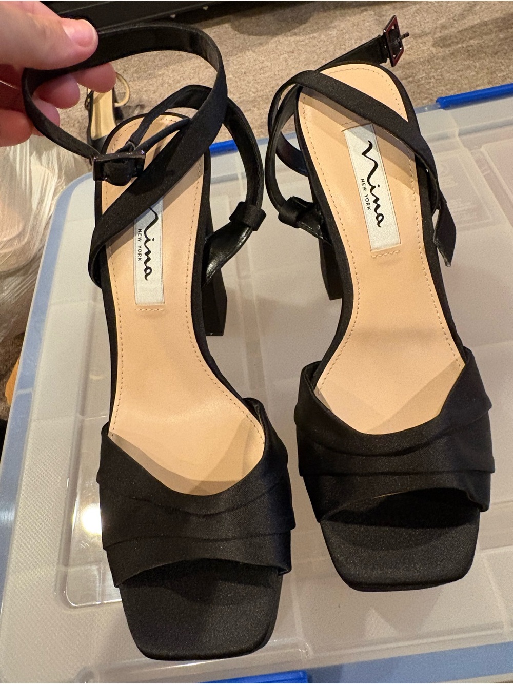 Nina Black Satin Strappy Block Heels
